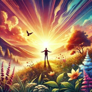 The image shows a vibrant, inspirational fantasy landscape. In the center, a silhouetted figure stands with arms outstretched on a hilltop, facing a brilliant golden sunrise that sends dramatic rays of light across a colorful sky. The sky features swirling patterns in shades of orange, red, turquoise, and purple, with illuminated clouds scattered throughout. A bird, also in silhouette, soars above the figure. The foreground is filled with lush vegetation and wildflowers. There are pink lupines on the left, large orange tropical flowers with green leaves, and various other flowering plants creating a garden-like setting. The landscape includes trees on the right side, with one particularly prominent tree with autumn-colored foliage. The overall composition creates a powerful sense of awe, freedom, and connection with nature. The lighting creates a magical atmosphere, with the golden sunlight casting long shadows and illuminating the flowering meadow. The color palette is rich and warm, dominated by golds, oranges, and pinks, contrasting with cooler turquoise and blue tones in the distant parts of the sky.