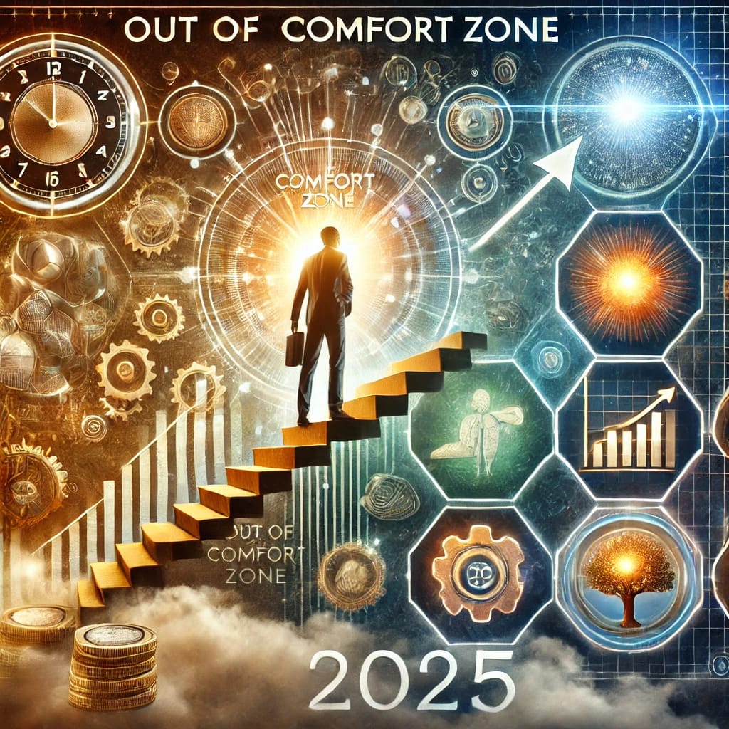 A conceptual illustration themed "Out of Comfort Zone" for the year 2025. The image shows a silhouetted business person standing on golden stairs that appear to be rising out of a cloud bank. The figure stands at a threshold marked "Comfort Zone," with bright light radiating behind them. The background is divided into two main visual themes: On the left: Mechanical elements including gears, clock faces, and stacked coins in warm golden tones On the right: Futuristic hexagonal panels containing various business-related icons including: A growth chart A glowing tree Various technological symbols A bright starburst effect The overall color scheme transitions from warm golden browns on the left to cool blues and teals on the right. The composition suggests a journey from the familiar (comfort zone) into new technological and business frontiers, symbolized by the figure stepping up and forward. At the bottom of the image, "2025" is prominently displayed in large numbers against the cloud bank. The title "OUT OF COMFORT ZONE" appears at the top of the image in capital letters. The entire image has a digital art style with high contrast lighting effects and a combination of realistic and symbolic elements, creating a motivational business concept visualization.